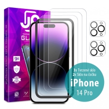 Tvrzené sklo JP Mega Pack pro Apple iPhone 14 Pro - čiré - sada 3 kusů + aplikátor + 2x sklo na čočku