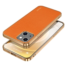Kryt SULADA pro Apple iPhone 13 - umělá kůže / pokovené hrany - oranžový