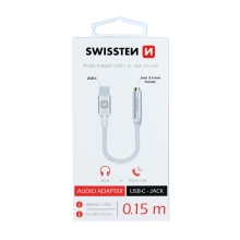 Přepojka / adaptér SWISSTEN Textile - USB-C / 3,5mm jack samice - 15cm - tkanička - stříbrný