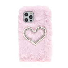 Kryt pro Apple iPhone 12 / 12 Pro - perlové srdce - plyšový - růžový
