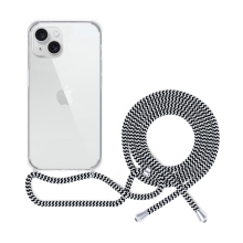 Kryt SPELLO Crossbody pro Apple iPhone 15 - gumový - průhledný - černá / bílá šňůrka