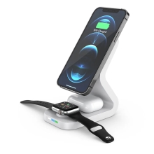 Stojan / bezdrôtová Qi nabíjačka 3v1 pre Apple iPhone / hodinky / slúchadlá AirPods - podpora MagSafe - biela