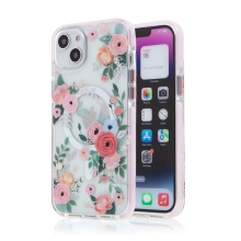 Kryt KINGXBAR Flora pro Apple iPhone 14 Plus - podpora MagSafe - plastový / gumový - květiny - růžový