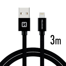 Textilný kábel SWISSTEN - USB-A / Lightning - kovové koncovky - 3 m - čierny