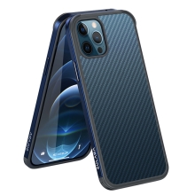 Kryt SULADA pro Apple iPhone 12 / 12 Pro - gumový / kovový - karbonová textura - průhledný - mořsky modrý