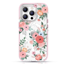 Kryt KINGXBAR Flora pre Apple iPhone 14 Pro Max - Podpora MagSafe - plast/guma - kvety - ružový