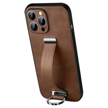 Kryt SULADA pro Apple iPhone 15 Pro Max - poutko + kroužek - ochrana kamery - umělá kůže - hnědý