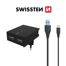 2v1 nabíjecí sada SWISSTEN pro Apple zařízení - EU adaptér (2x USB) a kabel Lightning 1,2m - černá