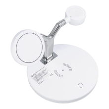Stojánek / Qi nabíječka 3v1 pro Apple iPhone / Watch / AirPods - podpora MagSafe - LED - bílý