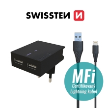 2v1 nabíjecí sada SWISSTEN pro Apple zařízení - EU adaptér (2x USB) a kabel MFi Lightning 1,2m - černá