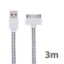 Synchronizační a nabíjecí kabel s 30pin konektorem pro Apple iPhone / iPad / iPod - tkanička - plochý bílý - 3m