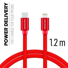 Synchronizačný a nabíjací kábel SWISSTEN - USB-C - Lightning pre zariadenia Apple - čipka - červená - 1,2 m