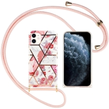 Kryt pro Apple iPhone 12 / 12 Pro - s poutkem - mramorový / geometrické tvary - gumový - růžový
