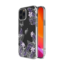 Kryt KINGXBAR pre Apple iPhone 12 / 12 Pro - s kamienkami - plastový - motýle a kvety - strieborný / fialový