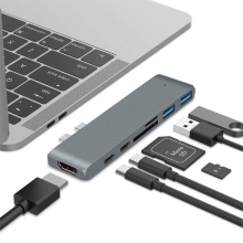 Dokovacia stanica / replikátor portov pre Apple MacBook Pro - 2x USB-C na 2x USB-C + HDMI + 2x USB-A + SD - sivá