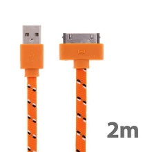 Synchronizační a nabíjecí kabel s 30pin konektorem pro Apple iPhone / iPad / iPod - tkanička - plochý oranžový - 2m