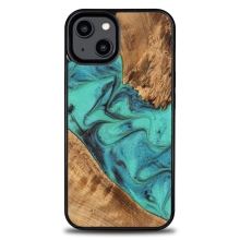 Kryt BEWOOD pro Apple iPhone 14 - dřevo / pryskyřice - tyrkysově zelený / hnědý