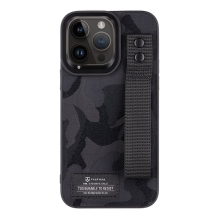 Kryt TACTICAL Camo pro Apple iPhone 14 Pro Max - látkový maskáč + poutko s nýty - plastový / gumový - černý