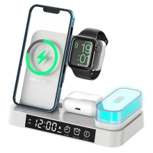 Stojan / bezdrôtová Qi nabíjačka 3v1 pre Apple iPhone / Watch / AirPods + lampa + hodiny - biela