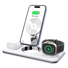 Stojánek / bezdrátová Qi nabíječka 3v1 pro Apple iPhone / Watch / AirPods - podpora MagSafe - bílý