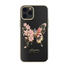 Kryt KINGXBAR pre Apple iPhone 12 / 12 Pro - s kamienkami - plastový - motýle a kvety - zlatý/ružový