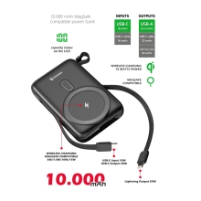 Externí baterie / power bank SWISSTEN 20W - 10000 mAh - kabel USB-C + Lightning - MagSafe - černá
