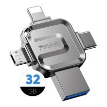 YESIDO 32GB flash disk 4v1 pre Apple iPhone / iPad / MacBook - Lightning / USB / USB-C / Micro USB - Kov - Strieborný