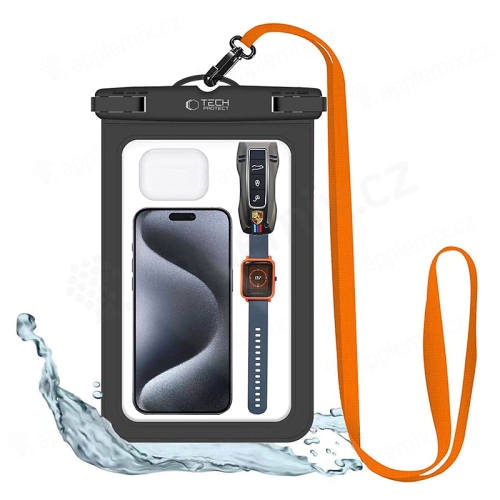 Pouzdro TECH-PROTECT pro Apple iPhone - voděodolné - plast / guma - černé / oranžová šňůrka