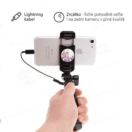 Selfie tyč / monopod USAMS - kabelová spoušť s lightning konektorem + zrcátko
