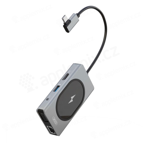 Přepojka / adaptér / rozbočovač XO 9v1 - USB-C na 2x USB-A + USB-C + HDMI + VGA + SD + Qi + ethernet - šedá