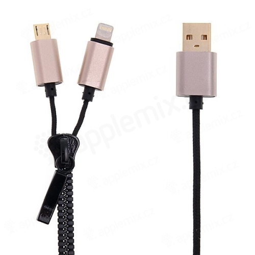 2v1 Synchronizační a nabíjecí kabel Lightning a micro USB - zip - černý