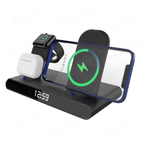 Stojan / Qi bezdrôtová nabíjačka / hodiny 4v1 - pre Apple iPhone + hodinky + bezdrôtové slúchadlá AirPods + hodiny - čierny