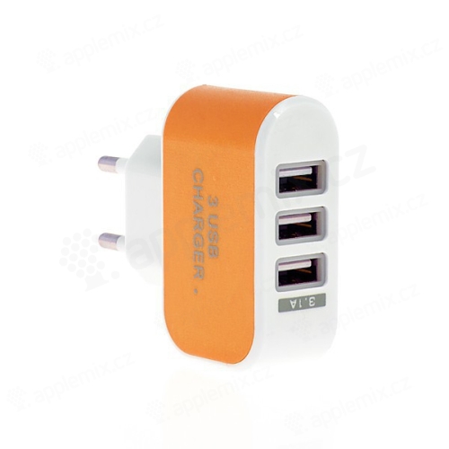 EU napájecí adaptér / nabíječka s 3 USB porty (3.1A) - oranžová