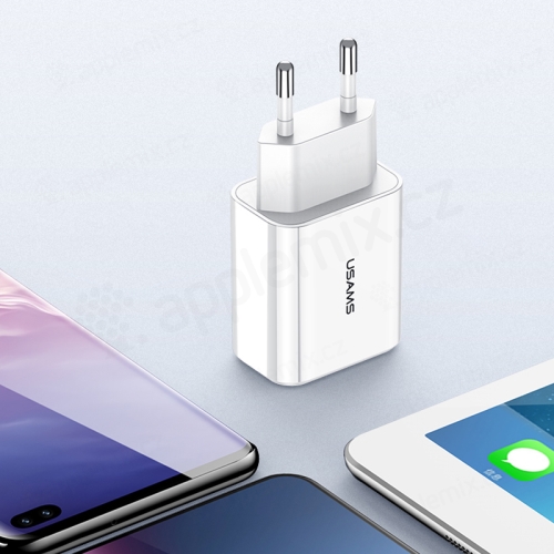 Nabíječka / adaptér USAMS pro Apple iPhone / iPad - 2x USB - 2,1A / 10W - LCD displej - EU - bílá