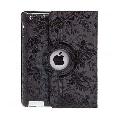 Pouzdro pro Apple iPad 2 / 3 / 4 - 360° otočný stojánek - květiny - černé