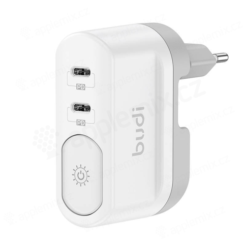 Nabíjačka BUDI / napájací adaptér EÚ - 2x USB-C + nočné svetlo / lampa - 40W - biela