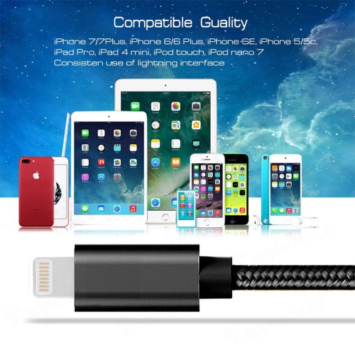 Synchronizačný a nabíjací kábel - Lightning pre zariadenia Apple - Šnúrka - Kovové koncovky - Čierny - 1 m