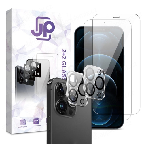 Tvrdené sklo JP Combo Pack pre Apple iPhone 12 Pro - číre - sada 2 kusov + 2x sklo na objektív 2,5D - číre