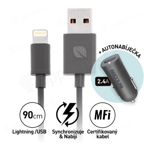 Lightning kábel s certifikáciou MFi + USB nabíjačka do auta (2,4 A) - nabíjacia súprava 2v1 INCASE pre zariadenia Apple - sivá