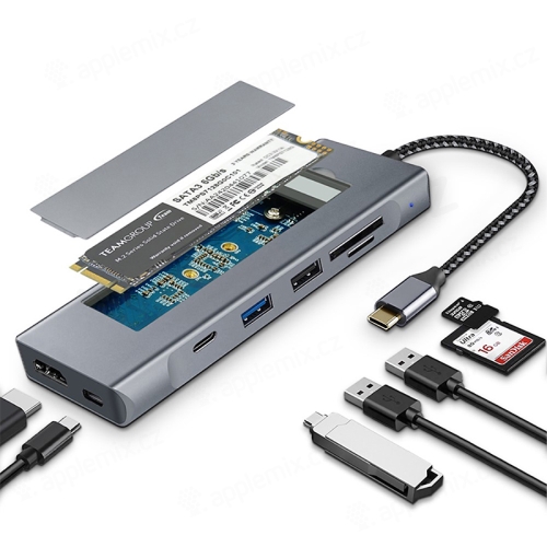 Dokovacia stanica / rozbočovač / rámček M.2 - 2x USB-C - 2x USB-A - HDMI - SD - kov - sivá