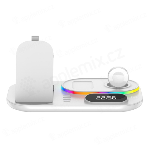 Stojan / Qi bezdrôtová nabíjačka / hodiny 4v1 - pre Apple iPhone + hodinky + bezdrôtové slúchadlá AirPods + hodiny - biely