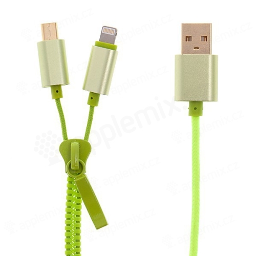 2v1 Synchronizační a nabíjecí kabel Lightning a micro USB pro Apple iPhone / iPad / iPod a další zařízení - zip - zelený - 90cm