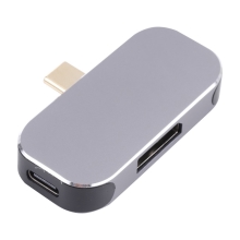 Přepojka / adaptér USB-C na 2x USB-C (1x PD) + DisplayPort - kovová - stříbrná