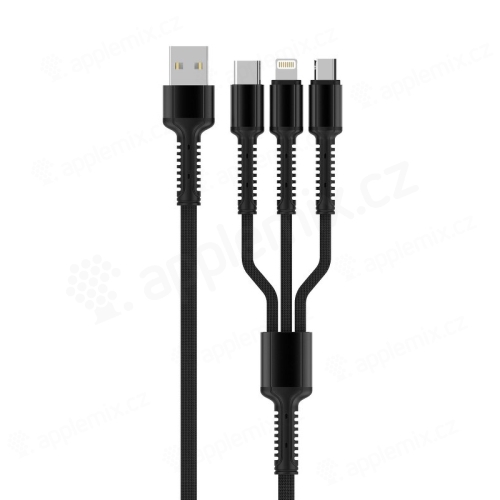 Synchronizačný a nabíjací kábel 3v1 - Lightning + Micro USB + USB-C - šnúrka na krk - sivá / čierna