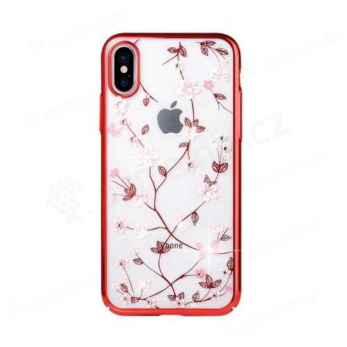 Kryt SULADA pro Apple iPhone Xs Max - plastový - motýli a květiny s kamínky - červený