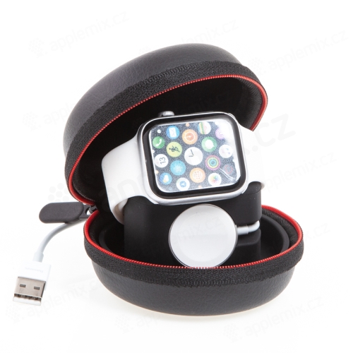 Puzdro na Apple Watch + priehradka na nabíjací kábel - umelá koža / silikón - čierne