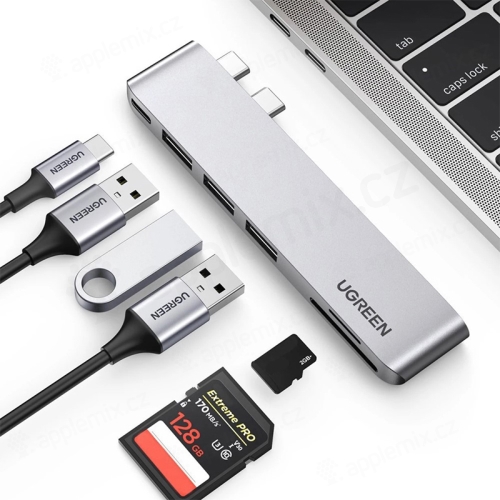 Adaptér UGREEN - 2x USB-C na 3x USB-A + USB-C + SD / Micro SD - sivý