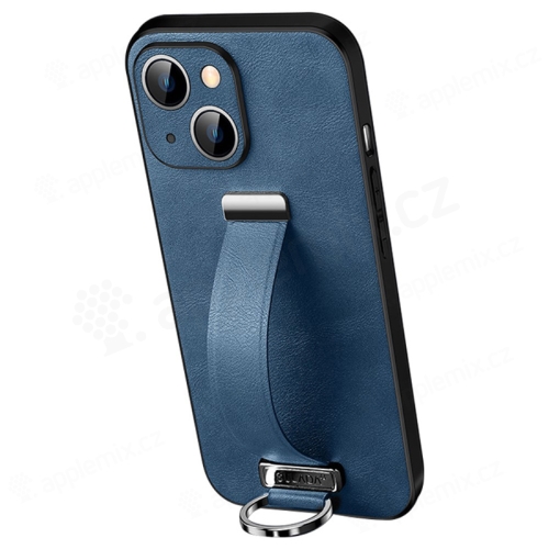 Kryt SULADA pro Apple iPhone 15 - poutko + kroužek - ochrana kamery - umělá kůže - modrý