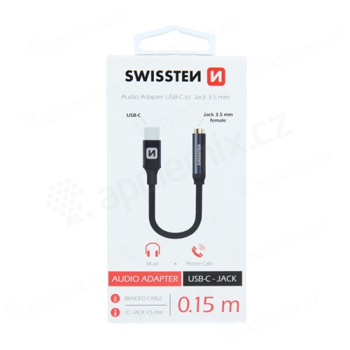 Přepojka / adaptér SWISSTEN Textile - USB-C / 3,5mm jack samice - 15cm - tkanička - černý
