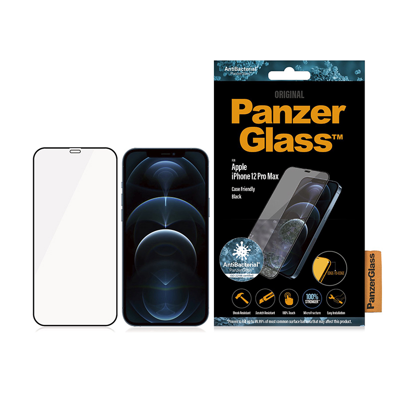 Tvrzené sklo (Tempered Glass) PANZERGLASS pro Apple iPhone 12 Pro Max - Case Friendly - antibakteriální - černý rámeček - 0,4mm